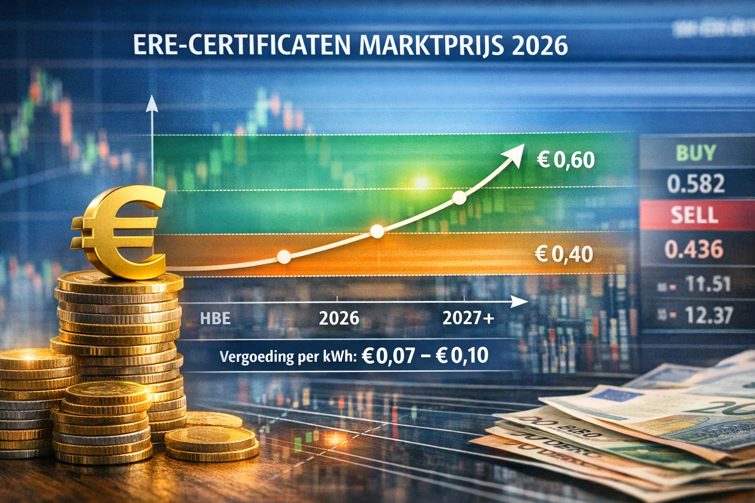 Trendvisualisatie ERE-marktprijs 2026 met factoren die de opbrengst per kWh beinvloeden
