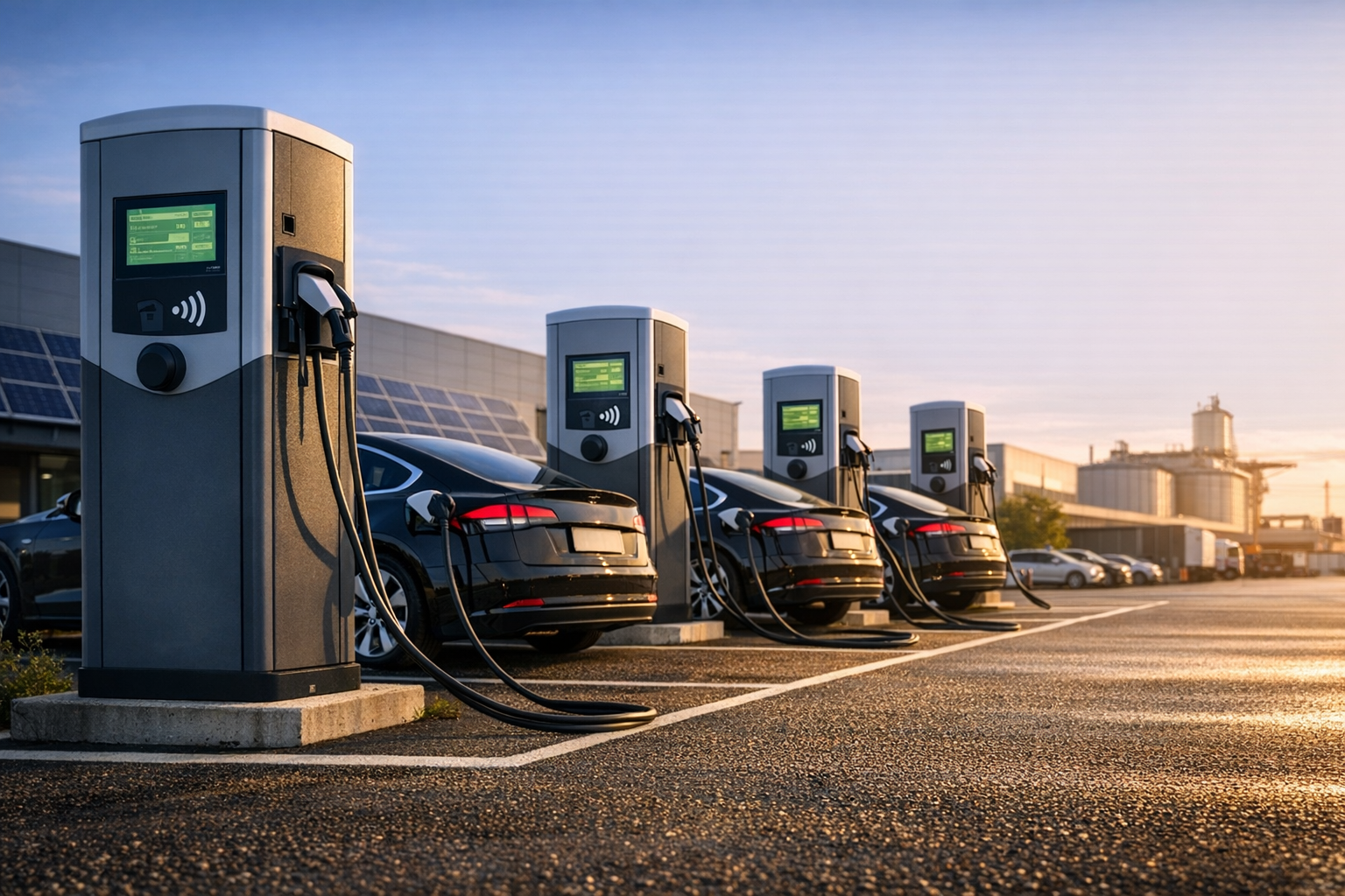Zakelijke laadpalen op bedrijfsterrein met elektrische voertuigen