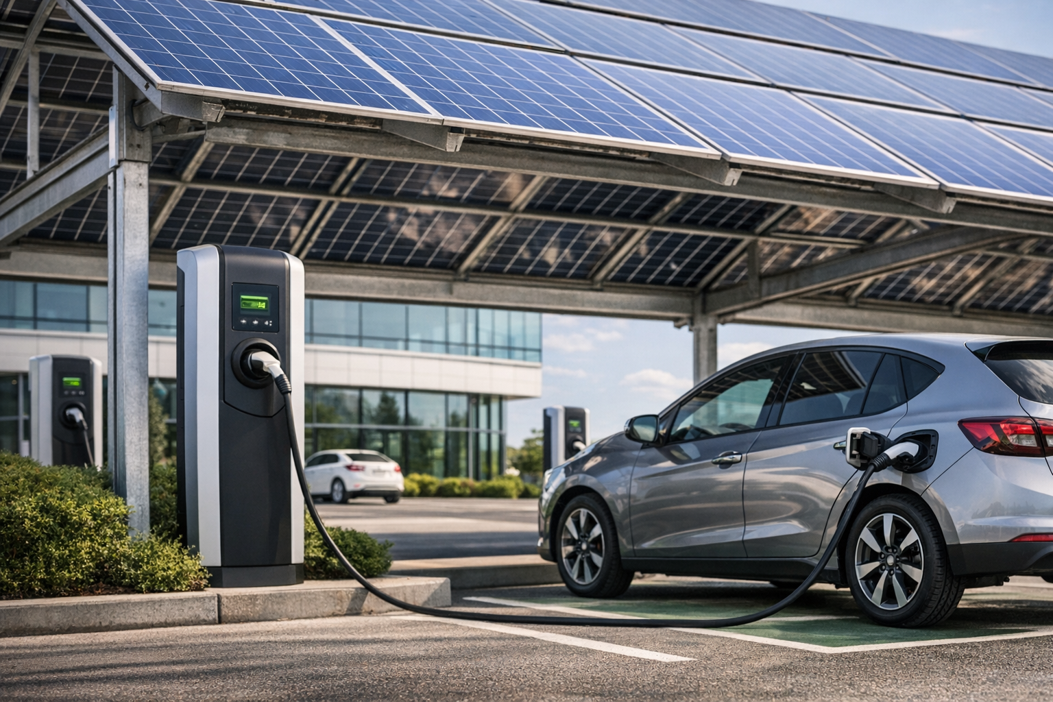 Bedrijfsdak met zonnepanelen die zakelijke laadpalen voeden voor hogere ERE-opbrengst