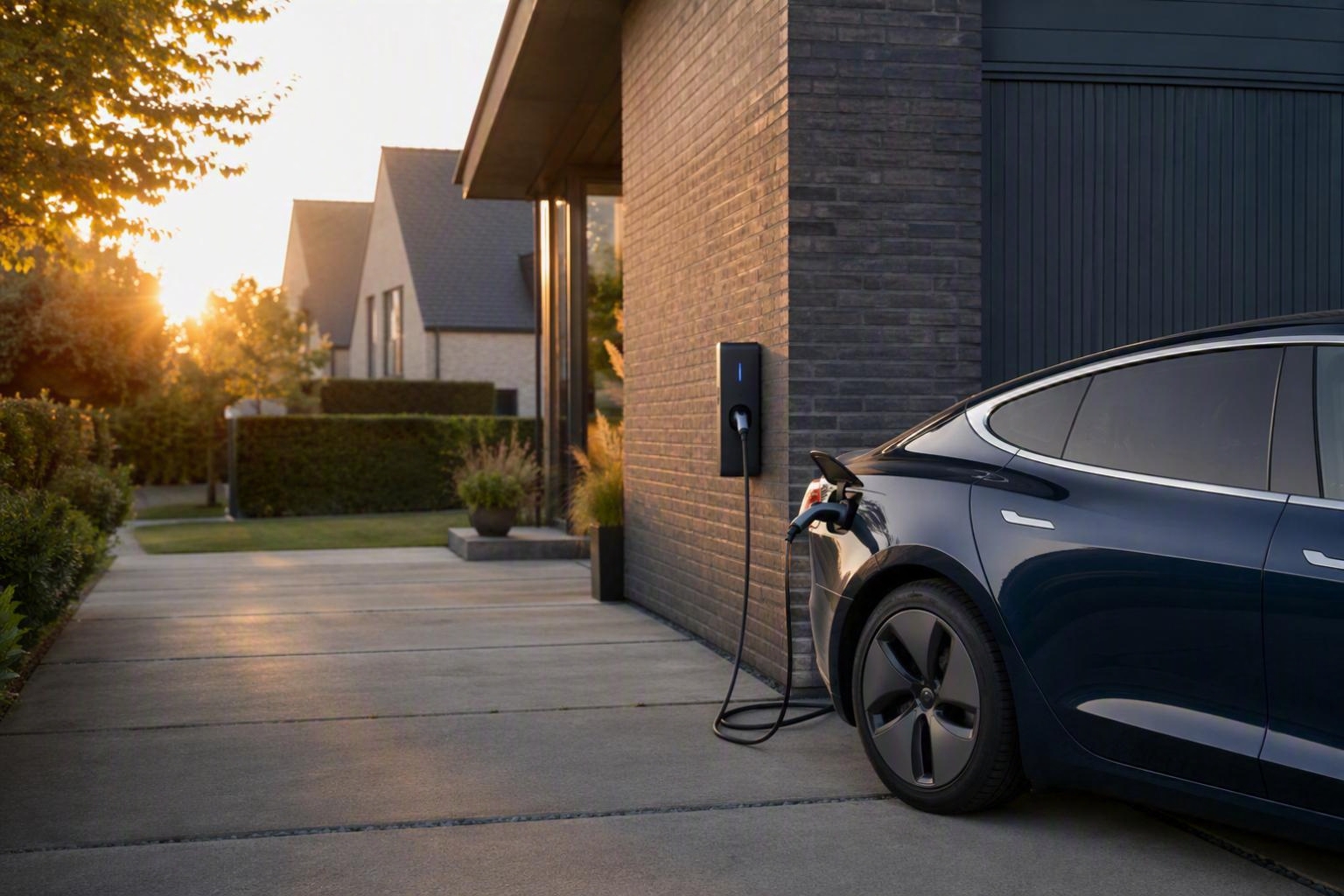 Elektrische auto laadt op aan een thuislaadpaal bij een Nederlandse woning