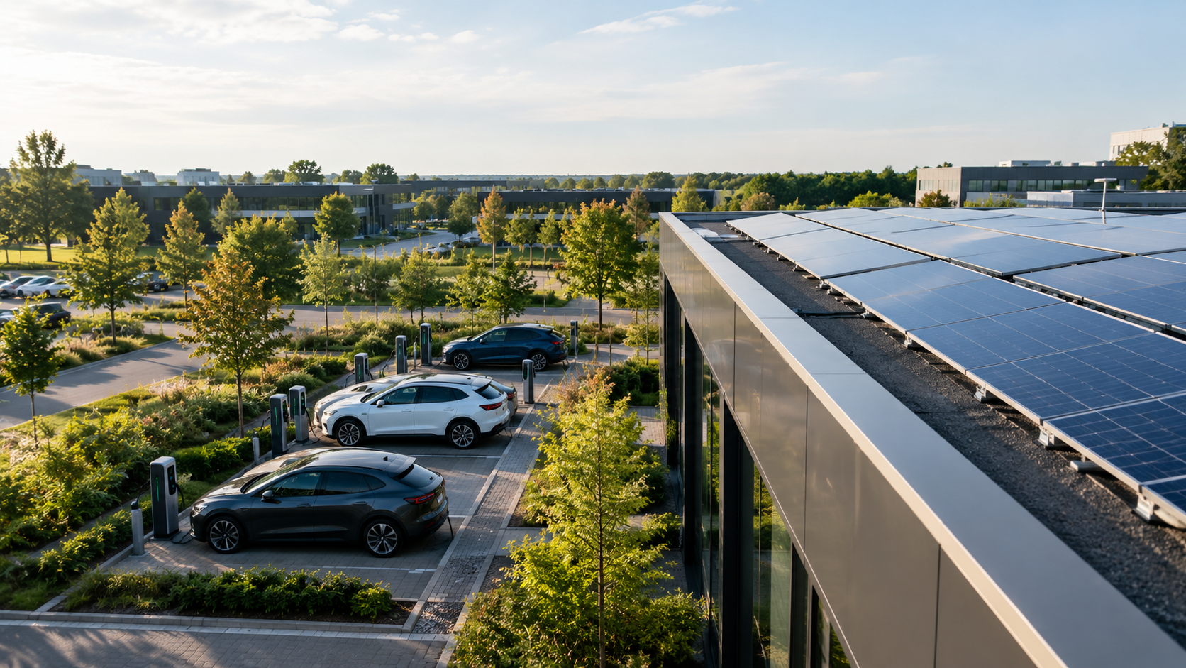Zonnepanelen op een bedrijfsgebouw met laadpark, symbool voor ere-certificaten voor bedrijven met zonnepanelen.